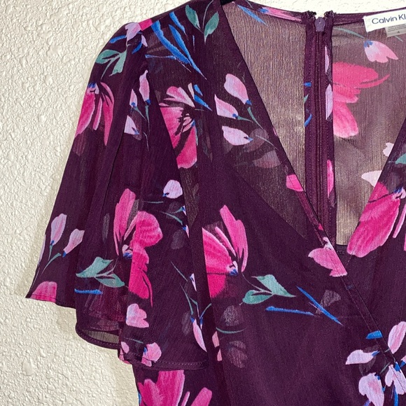 NWT Calvin Klein Floral Flutter Sleeve Faux Wrap Dress Size 4 - Picture 10 of 15